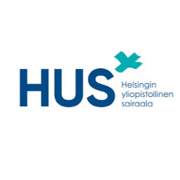 Isoilla sinisillä kirjaimilla HUS ja pienellä Helsingin yliopistollinen sairaala .