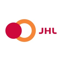 Punainen pallo, jonka vieressä oranssi rengas. Tekstinä punaisella isoin kirjaimin jhl.