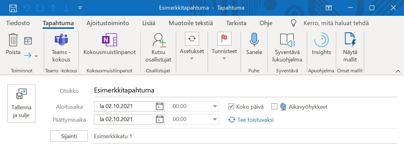Kalenterimerkinnän luominen - Outlook - Esimerkki