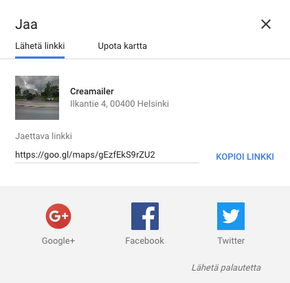 Google-karttalinkin jakaminen uutiskirjeissä ja sosiaalisissa medioissa