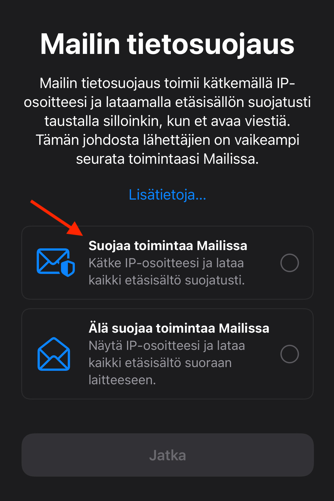 Mail-ohjelman mailin tietosuojaus kysymys