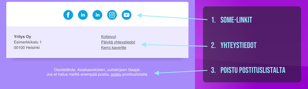 Esimerkki sosiaaliset mediat -painikkeista ja yhteystiedoista uutiskirjeessä