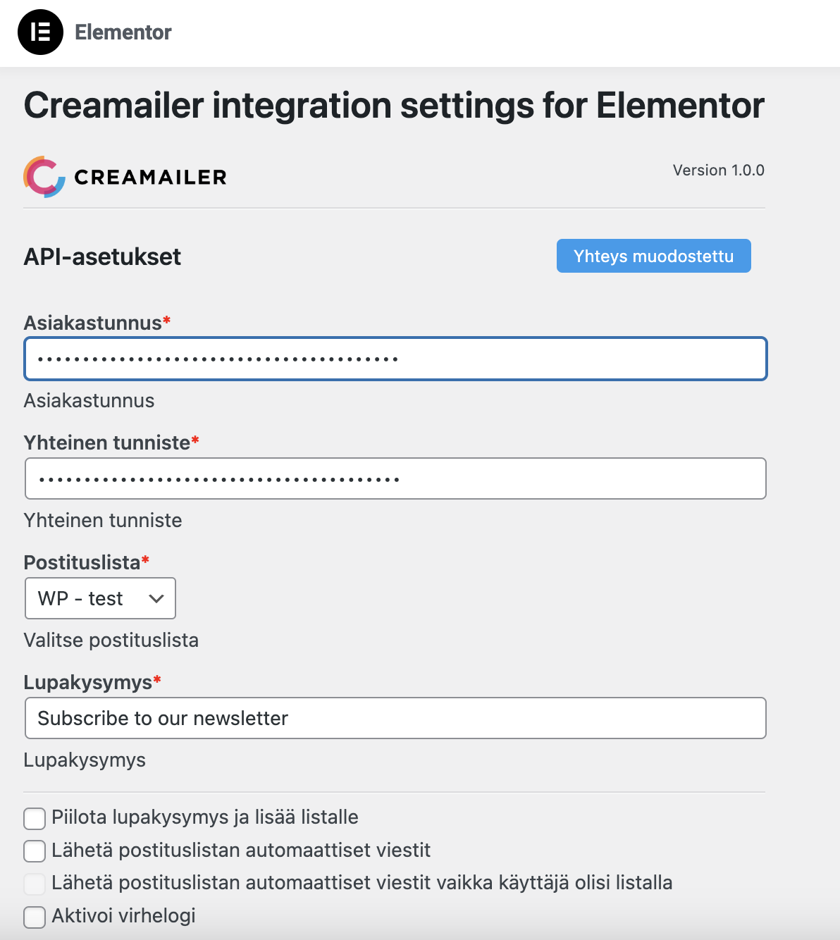 Creamailer for elementor - Asetukset