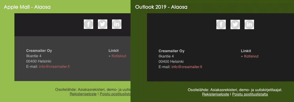 Tumma tila alaosa - Apple Mail vs Outlook 2019