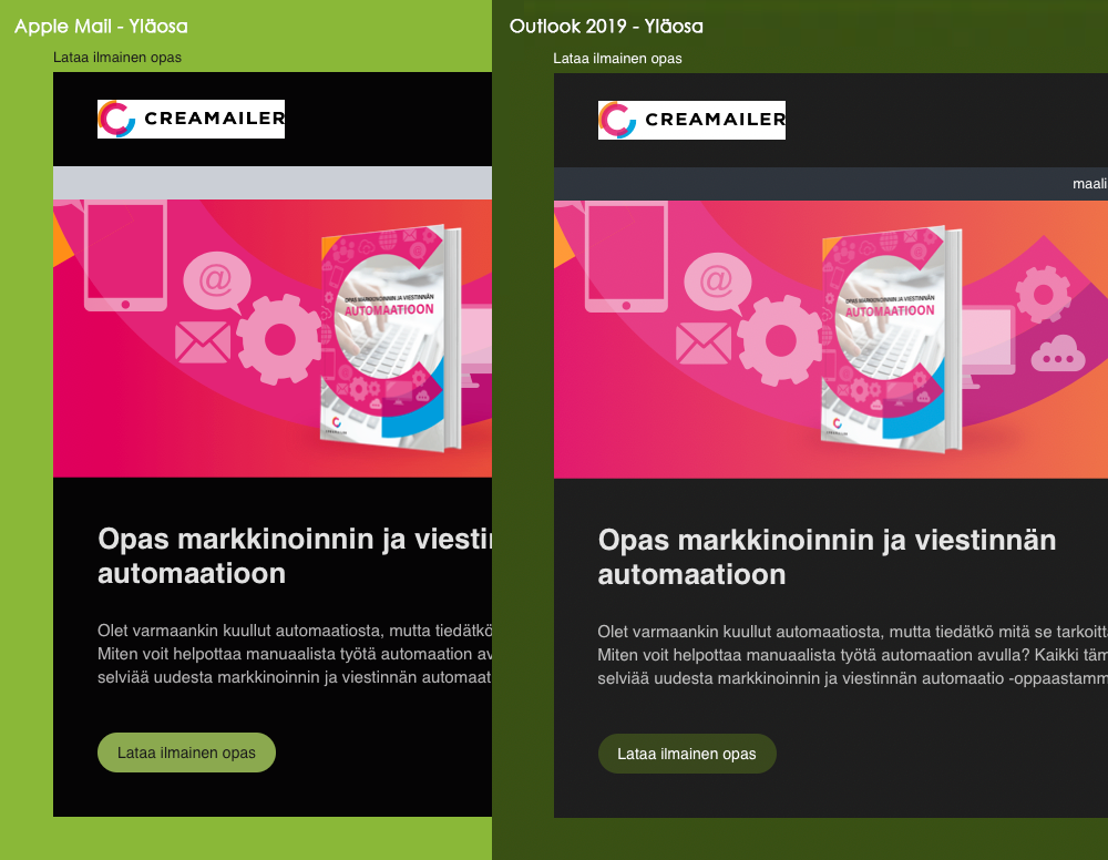 Tumma tila - Apple mail vs Outlook 2019