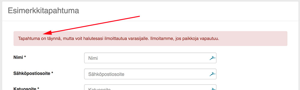Tapahtuma - Ilmoittautuminen varasijalle -ilmoitus