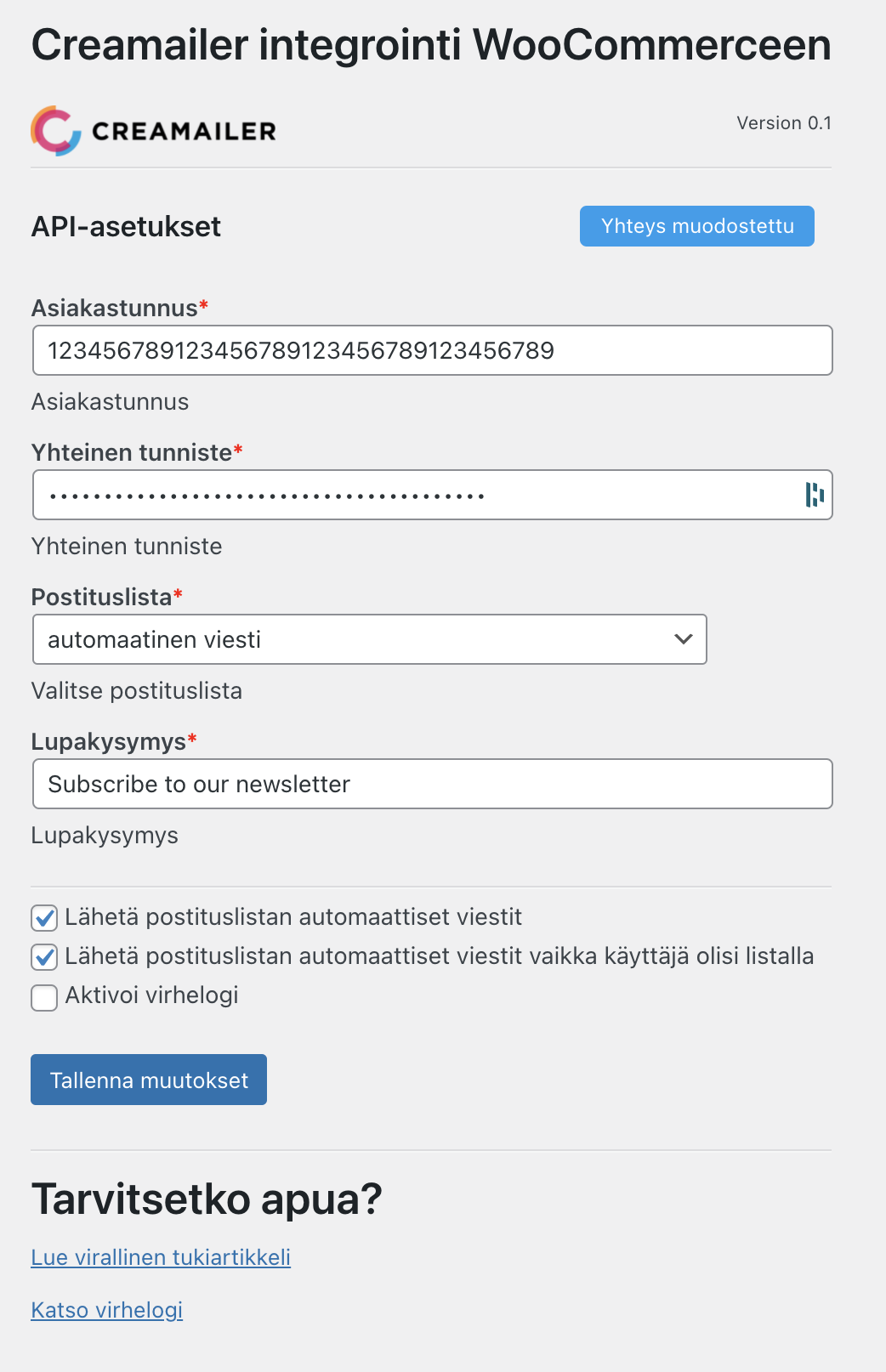 Creamailer integrointi WooCommerceen